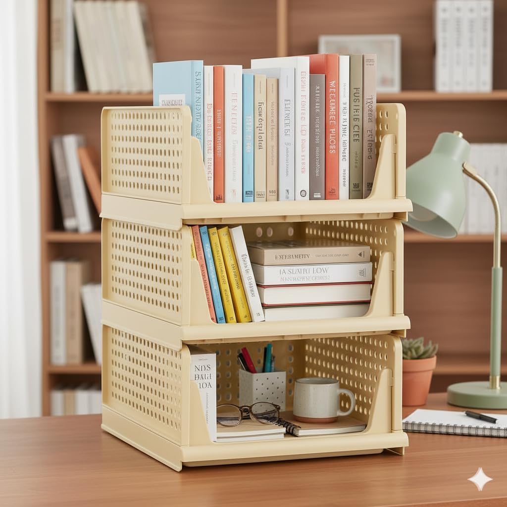 MECHDEL | Wardrobe Organizer For Clothes | Cupboard Organizer | Foldable Shirt Stacker Box | Cloth Box for Almirah | Closet Storage Basket |Plastic Stackable Closet Organizer (Ivory Yellow, 4PCS)