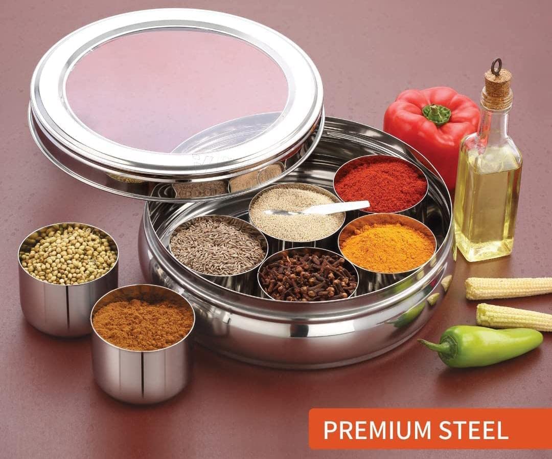 ATROCK Masala Dabba | Masala Box Stainless Steel For Kitchen | Masala Dani | Spice Storage Container (Glass Lid, 1200Ml), Silver
