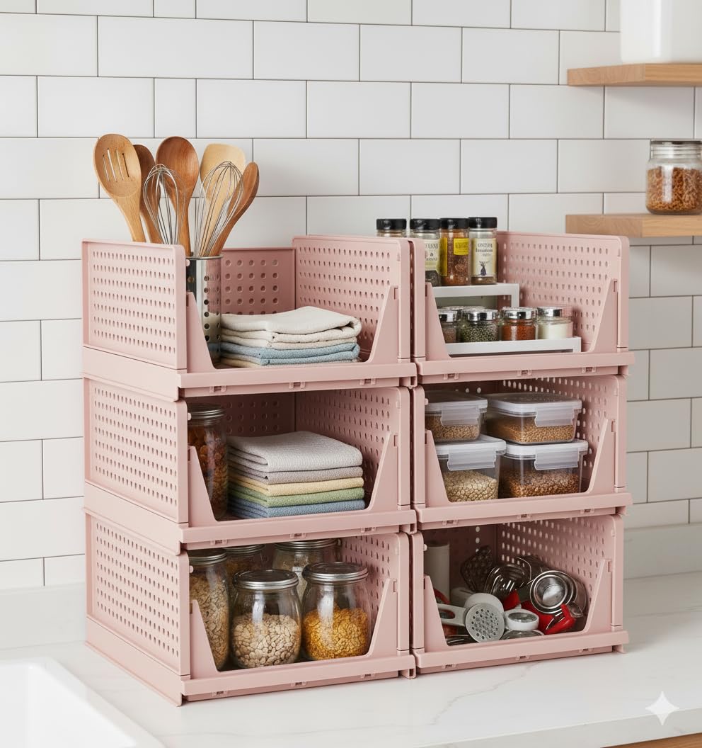 MECHDEL | Wardrobe Organizer For Clothes | Cupboard Organizer | Foldable Shirt Stacker Box | Cloth Box for Almirah | Closet Storage Basket |Plastic Stackable Closet Organizer (Ivory Yellow, 4PCS)