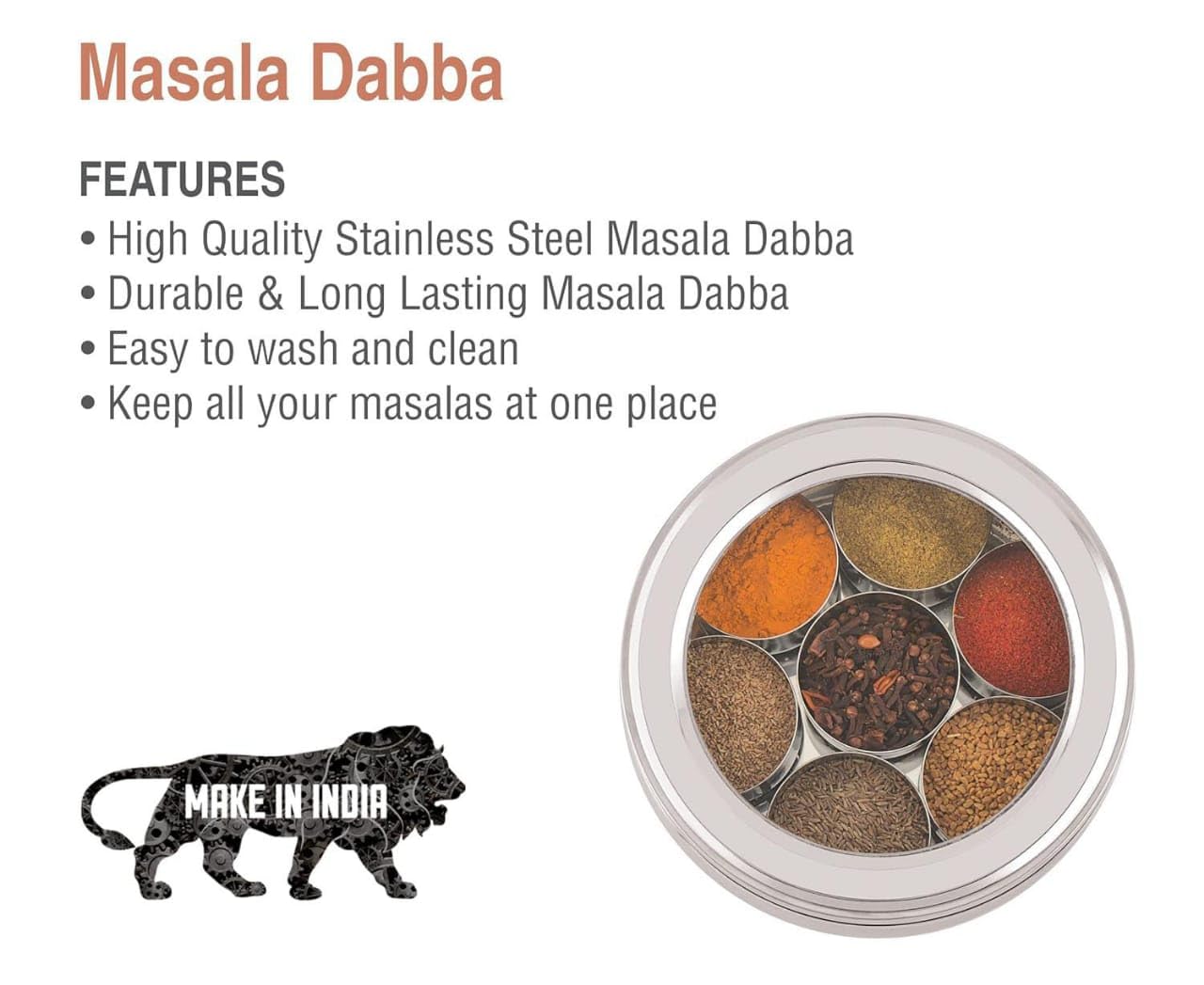 ATROCK Masala Dabba | Masala Box Stainless Steel For Kitchen | Masala Dani | Spice Storage Container (Glass Lid, 1200Ml), Silver