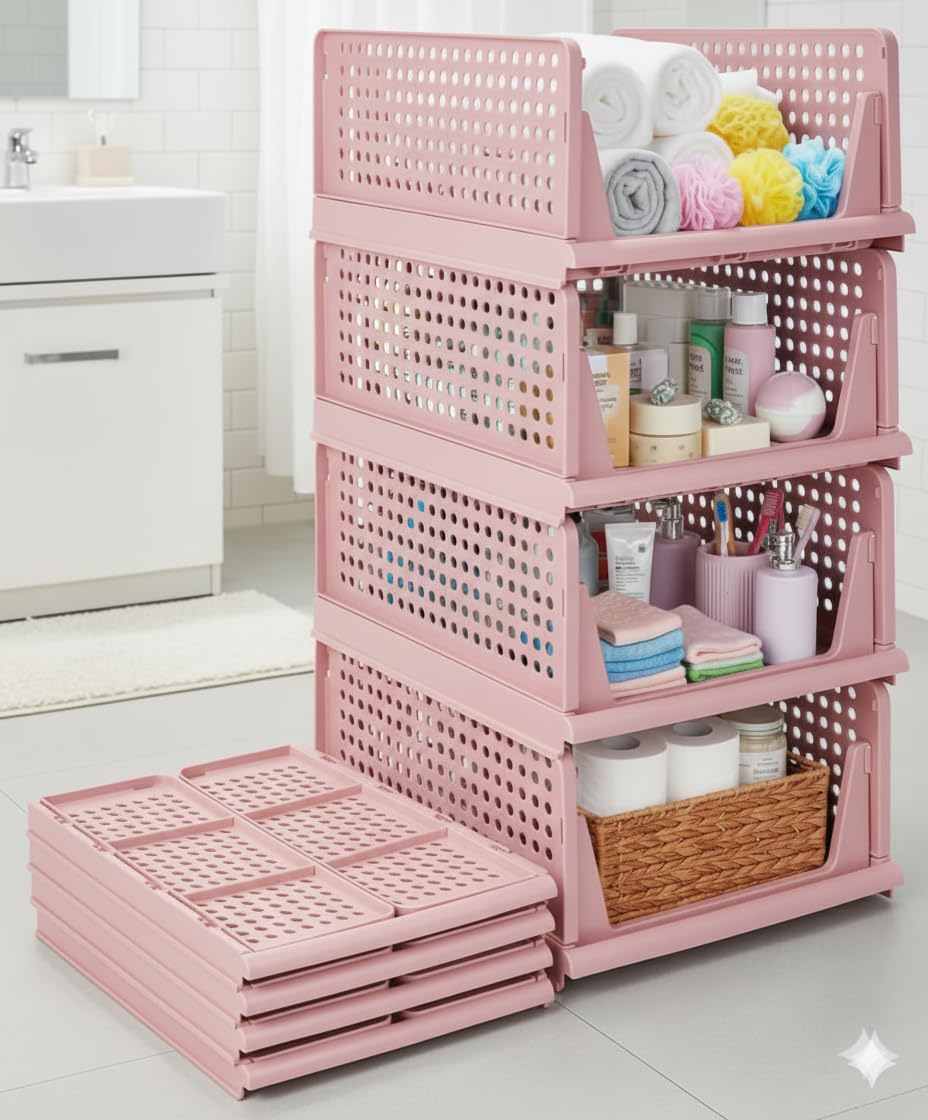 MECHDEL | Wardrobe Organizer For Clothes | Cupboard Organizer | Foldable Shirt Stacker Box | Cloth Box for Almirah | Closet Storage Basket |Plastic Stackable Closet Organizer (Ivory Yellow, 4PCS)