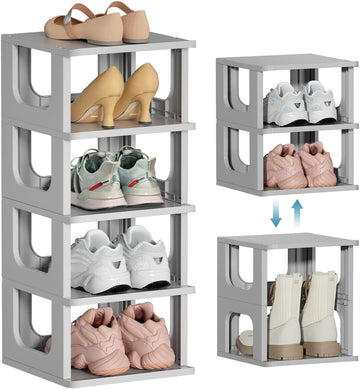 Mechdel Plastic Shoe Organizer Rack, 5 Tier Vertical Narrow Shelves, for Small Spaces, Closet, Black, Stackable Cabinet, Entryway Storage, Boots Organizer Stand (Grey, 5 Tier)