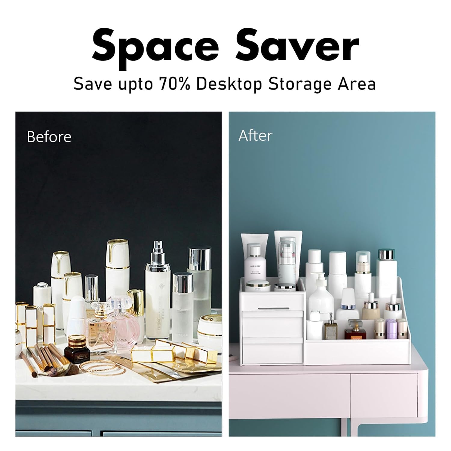 zuku MakeUp Organizer Stand Desk Storage Dressing Table Organiser Cosmetic Organizer Box Skin Care Table Bathroom Organiser Makeup Storage Box Makeup Vanity with Transparent Drawer(White)