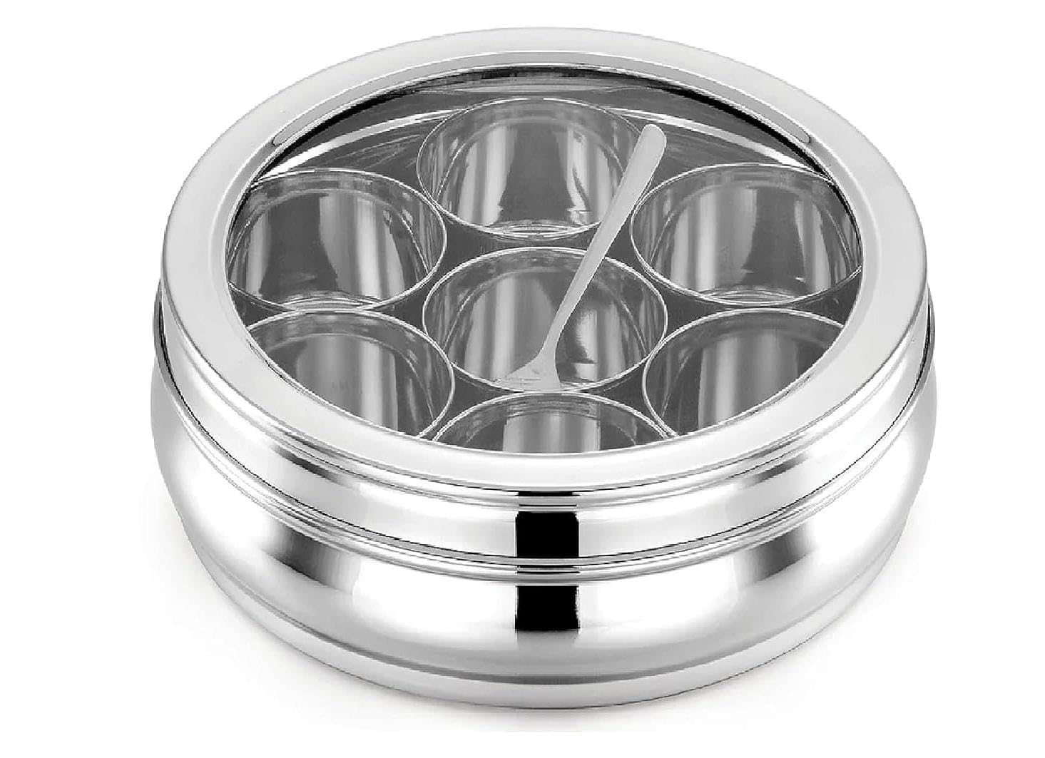 ATROCK Masala Dabba | Masala Box Stainless Steel For Kitchen | Masala Dani | Spice Storage Container (Glass Lid, 1200Ml), Silver