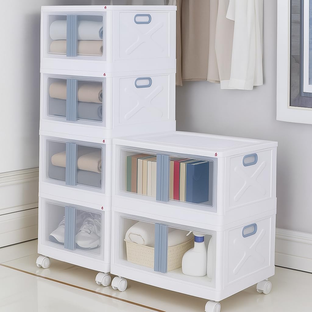 mechdel Stackable Storage Box with Wheels, Front Door Cabinet, Collapsible Organiser for Living Room, Bedroom, Books,cabinets for living room and book organiser (STORAGE BOX/WHEELS-WHITE, 1PCS)