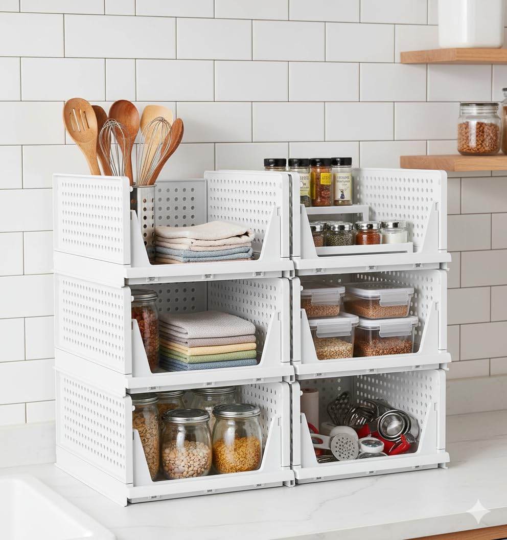 MECHDEL | Wardrobe Organizer For Clothes | Cupboard Organizer | Foldable Shirt Stacker Box | Cloth Box for Almirah | Closet Storage Basket |Plastic Stackable Closet Organizer (Ivory Yellow, 4PCS)