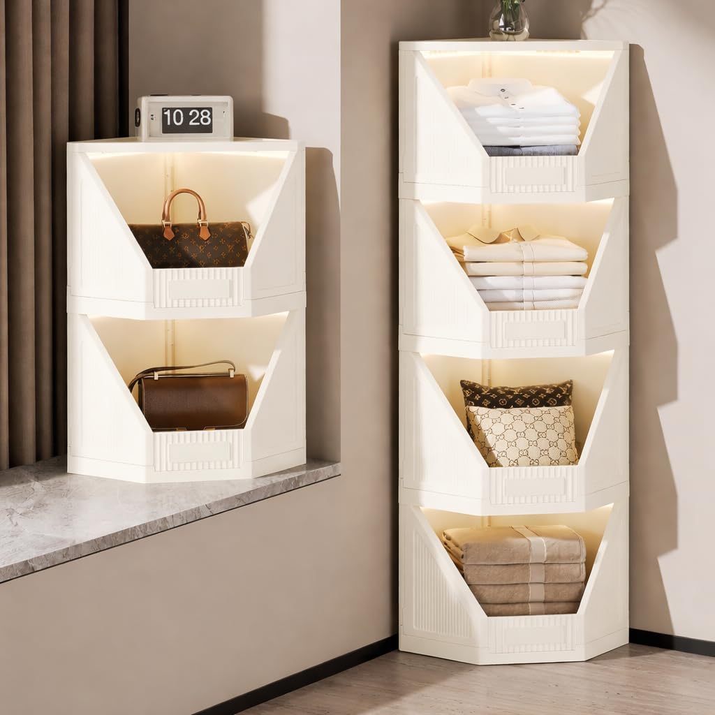JD Fresh 4 Tier Plastic Corner Storage Cabinet/Foldable Cupboard for Storage/Stackable Cupboard for Cloth with Layer Locking System/Toy Organizer/Spacious Storage Rack for Books,Toys and Décor (Ivory)