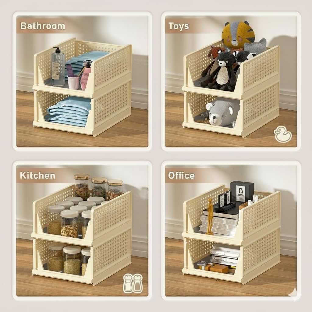 MECHDEL | Wardrobe Organizer For Clothes | Cupboard Organizer | Foldable Shirt Stacker Box | Cloth Box for Almirah | Closet Storage Basket |Plastic Stackable Closet Organizer (Ivory Yellow, 4PCS)