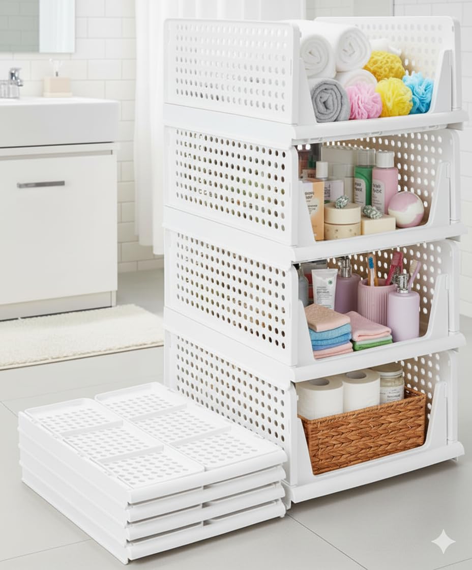 MECHDEL | Wardrobe Organizer For Clothes | Cupboard Organizer | Foldable Shirt Stacker Box | Cloth Box for Almirah | Closet Storage Basket |Plastic Stackable Closet Organizer (Ivory Yellow, 4PCS)