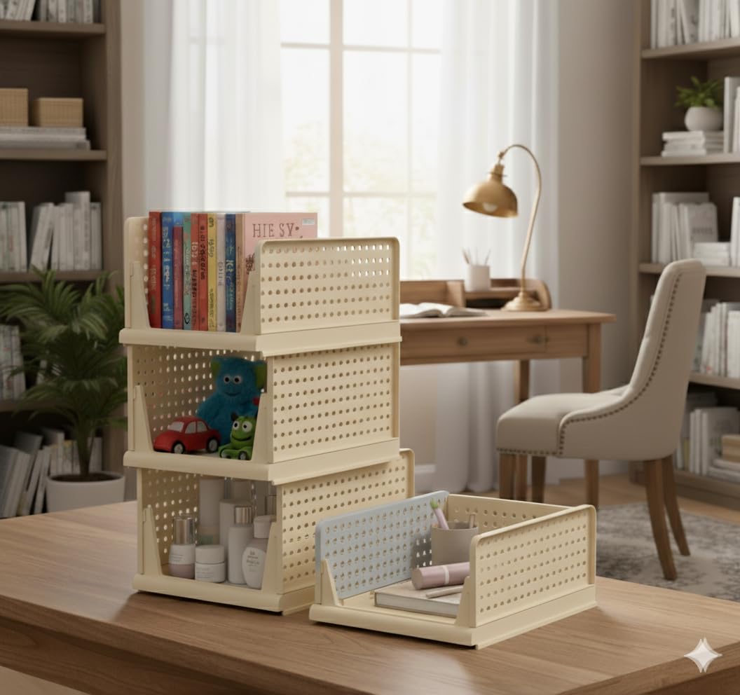 MECHDEL | Wardrobe Organizer For Clothes | Cupboard Organizer | Foldable Shirt Stacker Box | Cloth Box for Almirah | Closet Storage Basket |Plastic Stackable Closet Organizer (Ivory Yellow, 4PCS)