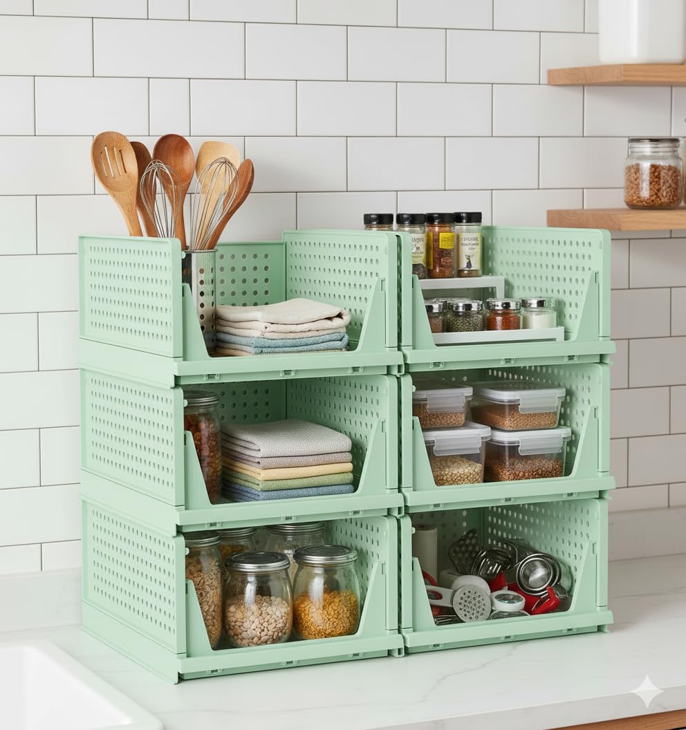 MECHDEL | Wardrobe Organizer For Clothes | Cupboard Organizer | Foldable Shirt Stacker Box | Cloth Box for Almirah | Closet Storage Basket |Plastic Stackable Closet Organizer (Ivory Yellow, 4PCS)