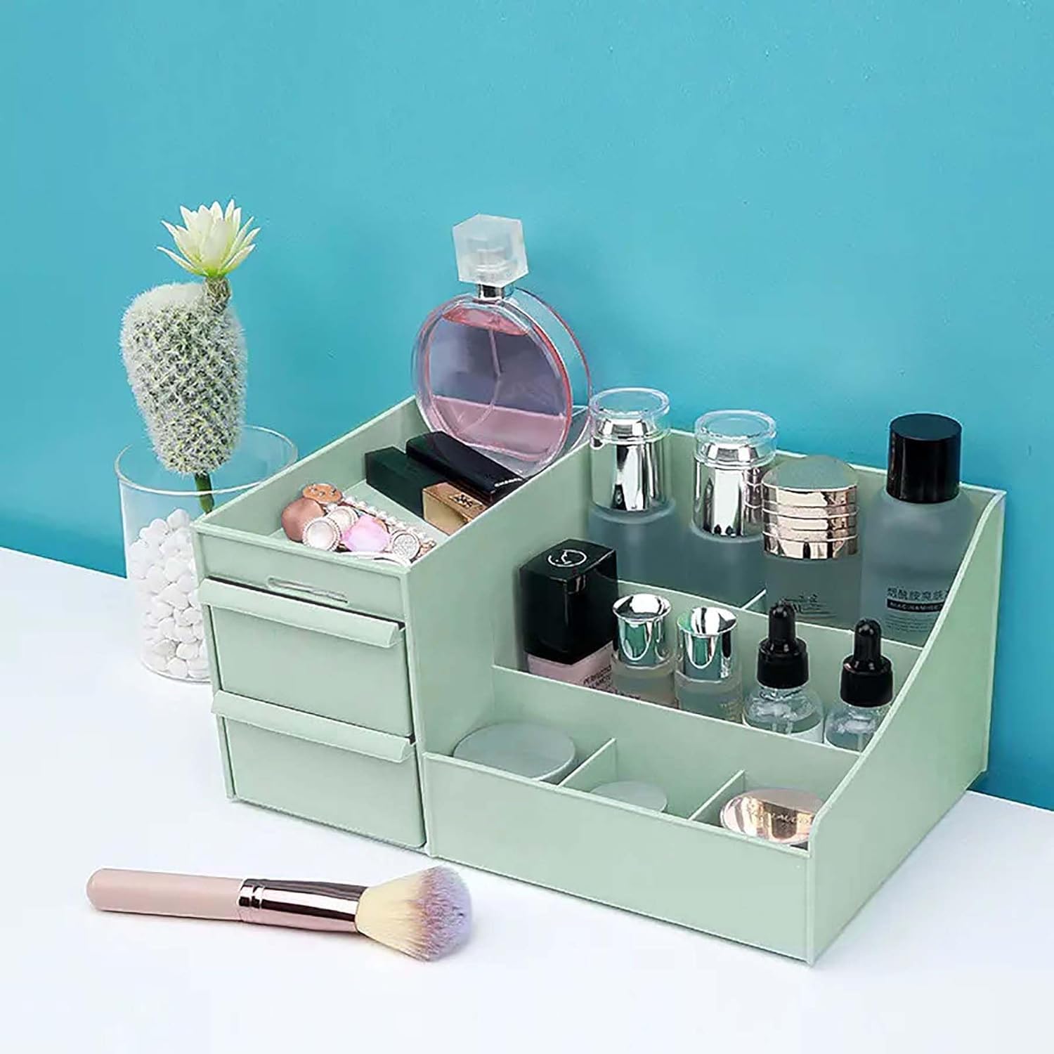 mechdel Makeup Desk Organizer With Drawers, Bathroom Countertop Organizer for Cosmetics, Vanity Holder for Lipstick, Brushes, Lotions, Eyeshadow, Nail Polish and Jewelry (Makeup Storage Box-White)