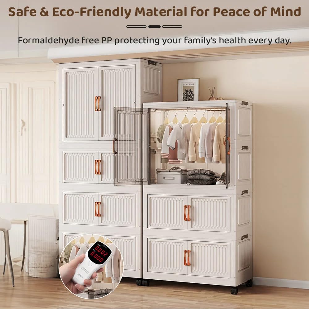 4-Door Plastic Wardrobe for Kids| Almirah and Wardrobe for Baby Clothes| Modular Storage Cabinet with Wheels| Kids Multi-Purpose Collapsible Wardrobe for Shoes/Books/Toy- White