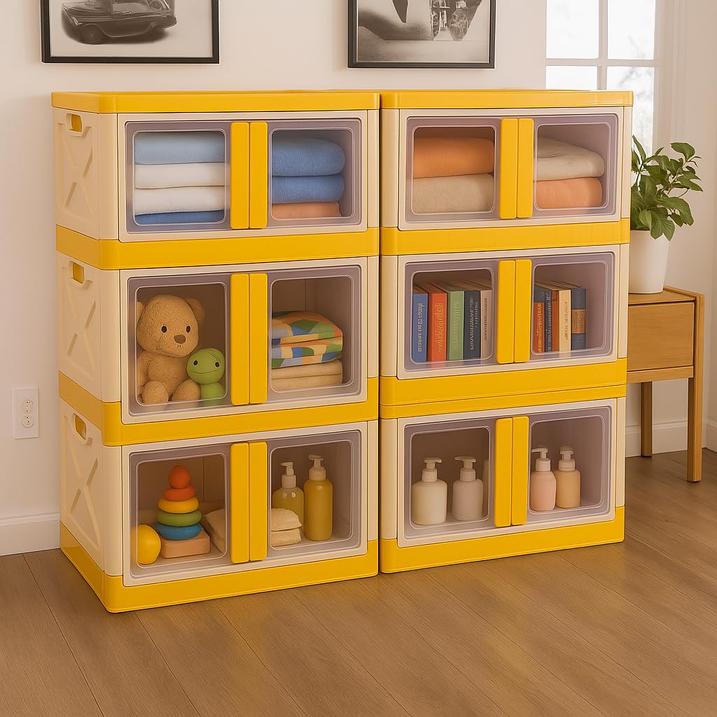 mechdel Collapsible Storage,Cabinet for Storage,Almari, Wardrobe, Cupboard Rack Living Room,Storage Cupboard | Clothes Organizer Rack, 2 Door Cabinet (STORAGE BIN/WHEEL-White, 4PCS)