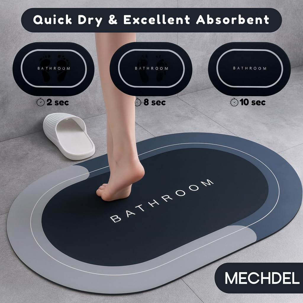mechdel Stone Bath Mat, Diatomaceous Earth Shower Mat, Non-Slip Super Absorbent Quick Drying Bathroom, Kitchen Floor Mat, Easy to Clean (Non Slip Rubber Bathroom Mat -Blue, 40 X 60 CM)