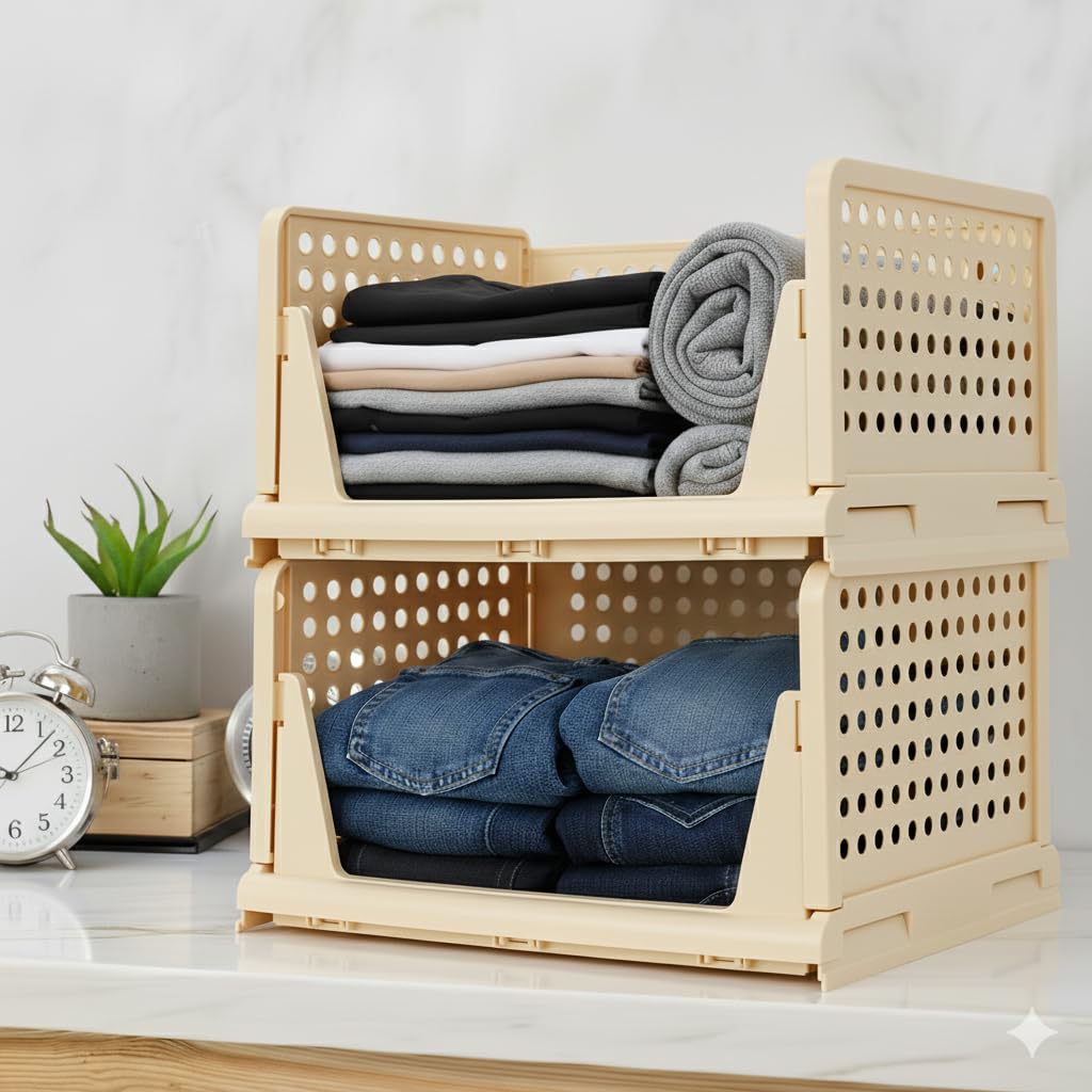 MECHDEL | Wardrobe Organizer For Clothes | Cupboard Organizer | Foldable Shirt Stacker Box | Cloth Box for Almirah | Closet Storage Basket |Plastic Stackable Closet Organizer (Ivory Yellow, 4PCS)