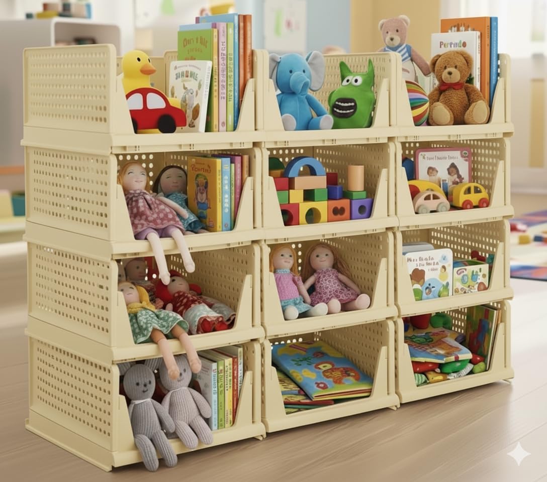 MECHDEL | Wardrobe Organizer For Clothes | Cupboard Organizer | Foldable Shirt Stacker Box | Cloth Box for Almirah | Closet Storage Basket |Plastic Stackable Closet Organizer (Ivory Yellow, 4PCS)