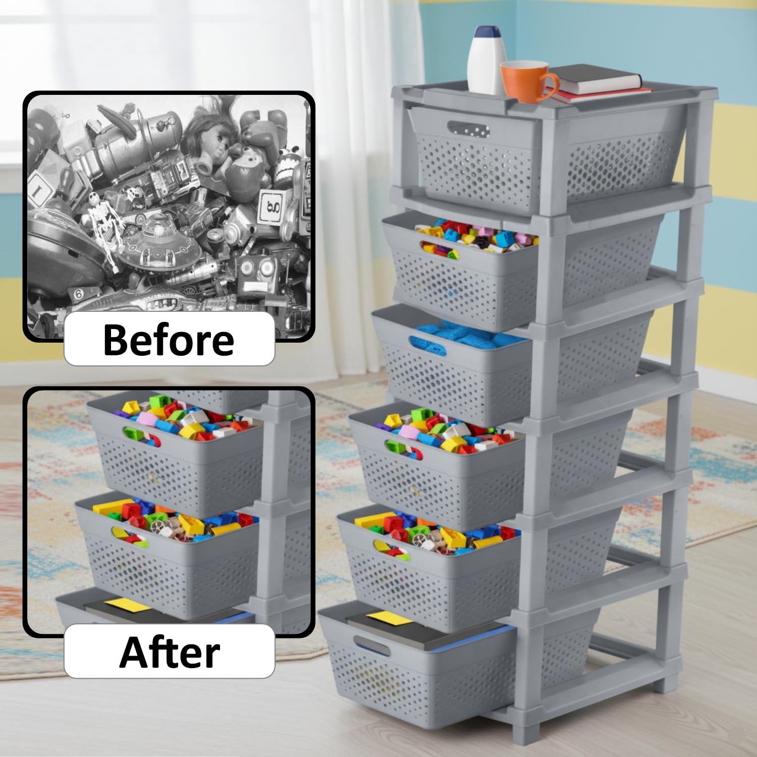 JD FRESH 6-Tier Plastic Storage Cabinet Organizer/Modular Plastic Drawer System for Home, Office, Hospital, Parlor, School, Doctors, and Kids' Rooms/Modular Kitchen & Toy Organizer (GREY)