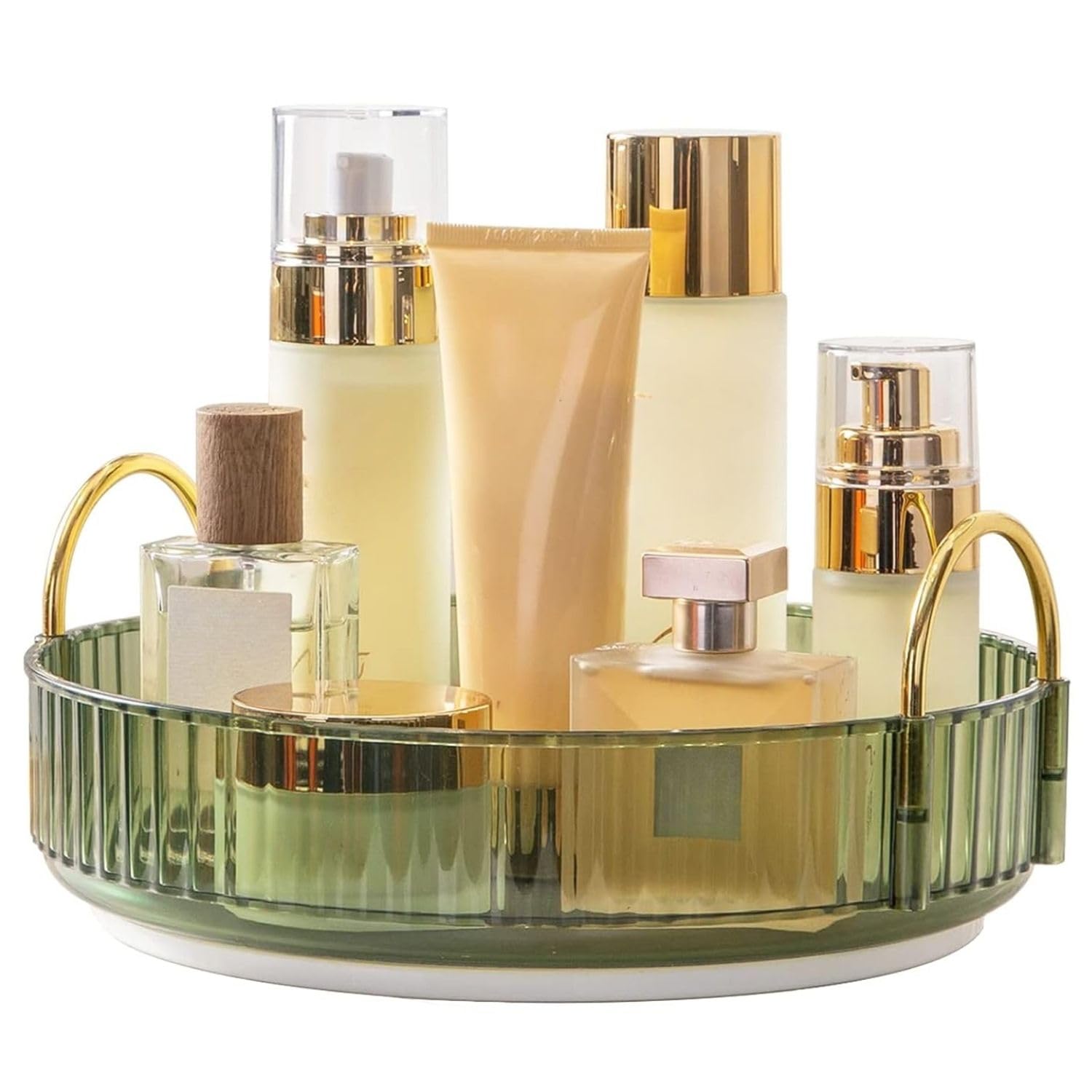 360° Rotating Makeup Organizer Box - Cosmetic Storage with Drawers, Plastic Makeup Holder Stand for Dressing Table, Lipsticks, Nail Polishes & Accessories (Gem Green, 2 Layer)