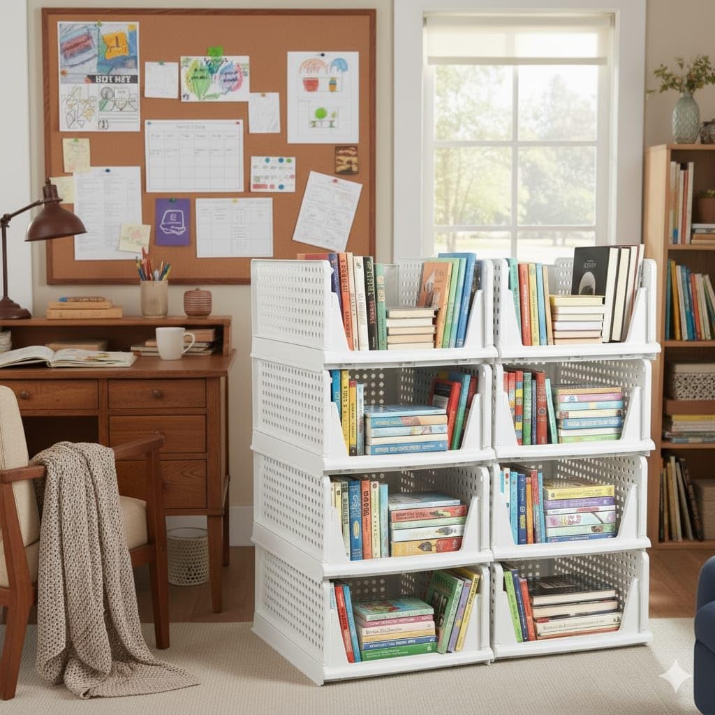 MECHDEL | Wardrobe Organizer For Clothes | Cupboard Organizer | Foldable Shirt Stacker Box | Cloth Box for Almirah | Closet Storage Basket |Plastic Stackable Closet Organizer (Ivory Yellow, 4PCS)