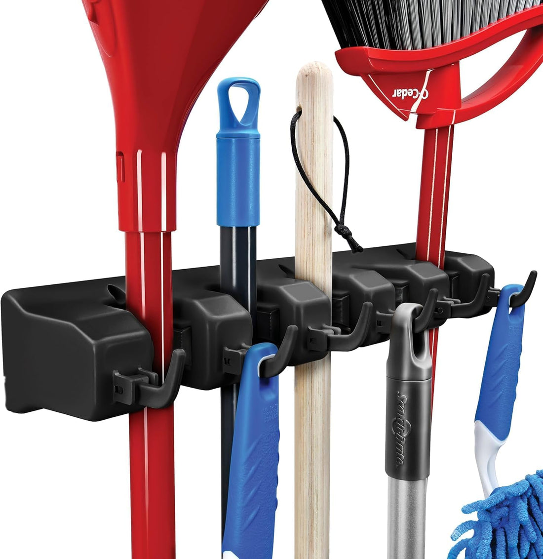 mechdel Mop Holder/Wall Mounted Wiper Holder/Storage Organizers/Drill-Free Broom Stick Stand for Home/Indoor-Outdoor (6 Hooks Mop/Broom Holder-Black, 1SET)
