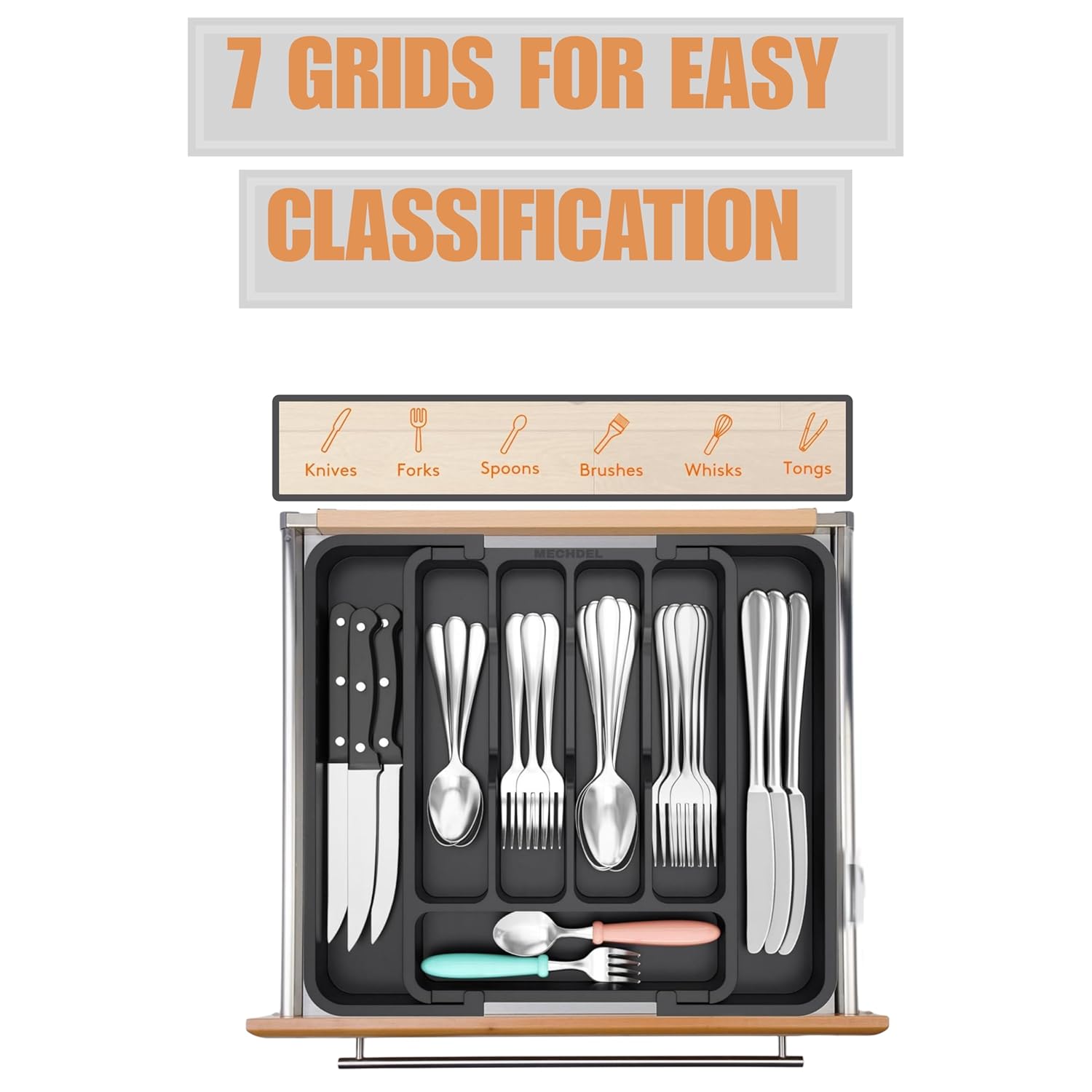 mechdel Drawer Organizer, Expandable BPA Free Utensil Tray for Kitchen, Adjustable Flatware and Cutlery Holder for Spoons Forks Knives, Plastic Kitchen Organizers and Storage (BLACK, 8-Slots)