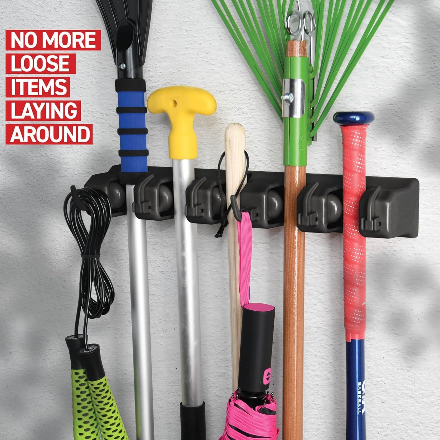 mechdel Mop Holder/Wall Mounted Wiper Holder/Storage Organizers/Drill-Free Broom Stick Stand for Home/Indoor-Outdoor (6 Hooks Mop/Broom Holder-Black, 1SET)