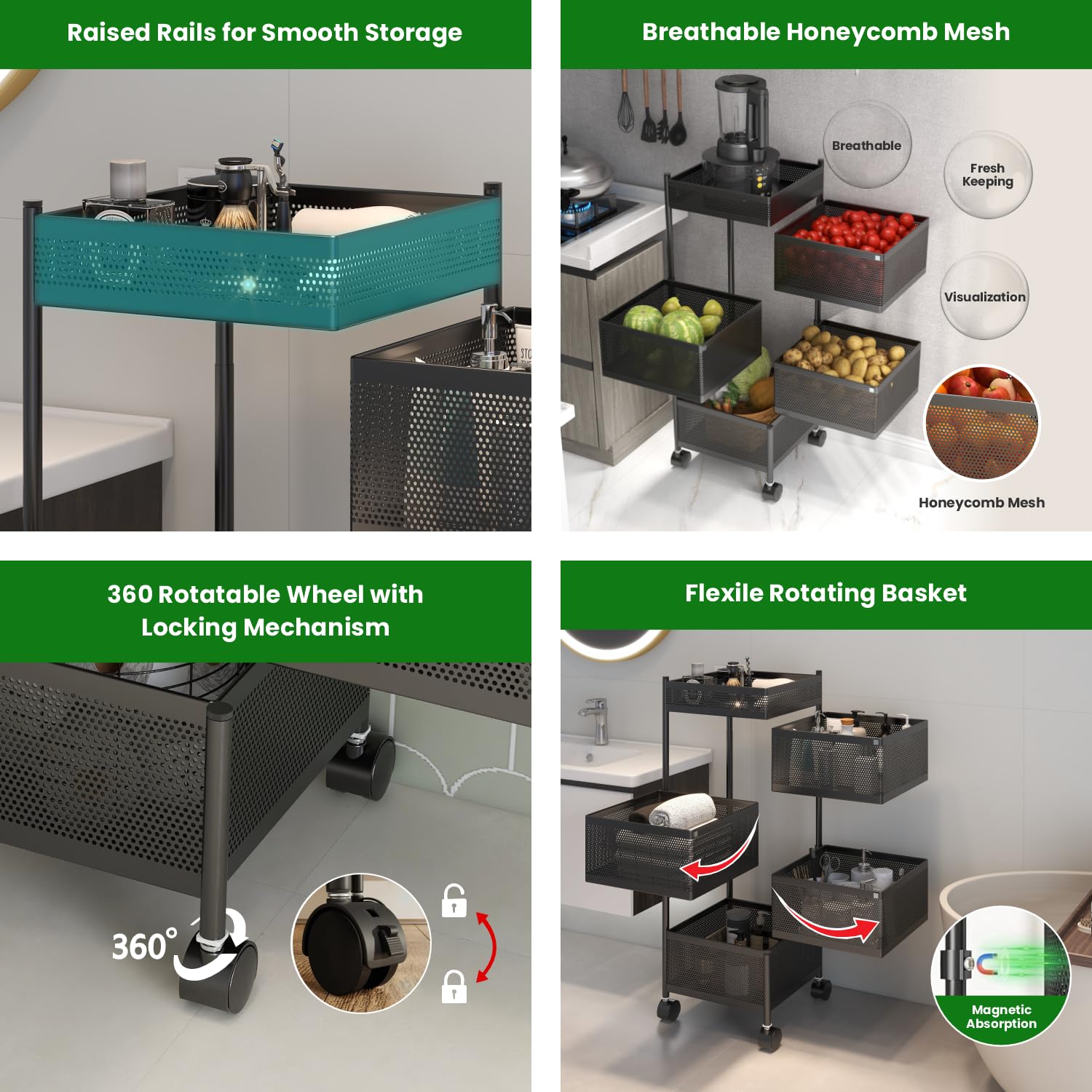 JD FRESH 5-Tier Metal Rotating Kitchen Trolley/Spice Rack/Vegetable & Fruit Storage/Organizer Holder and Onion-Potato Storage Basket for Kitchen