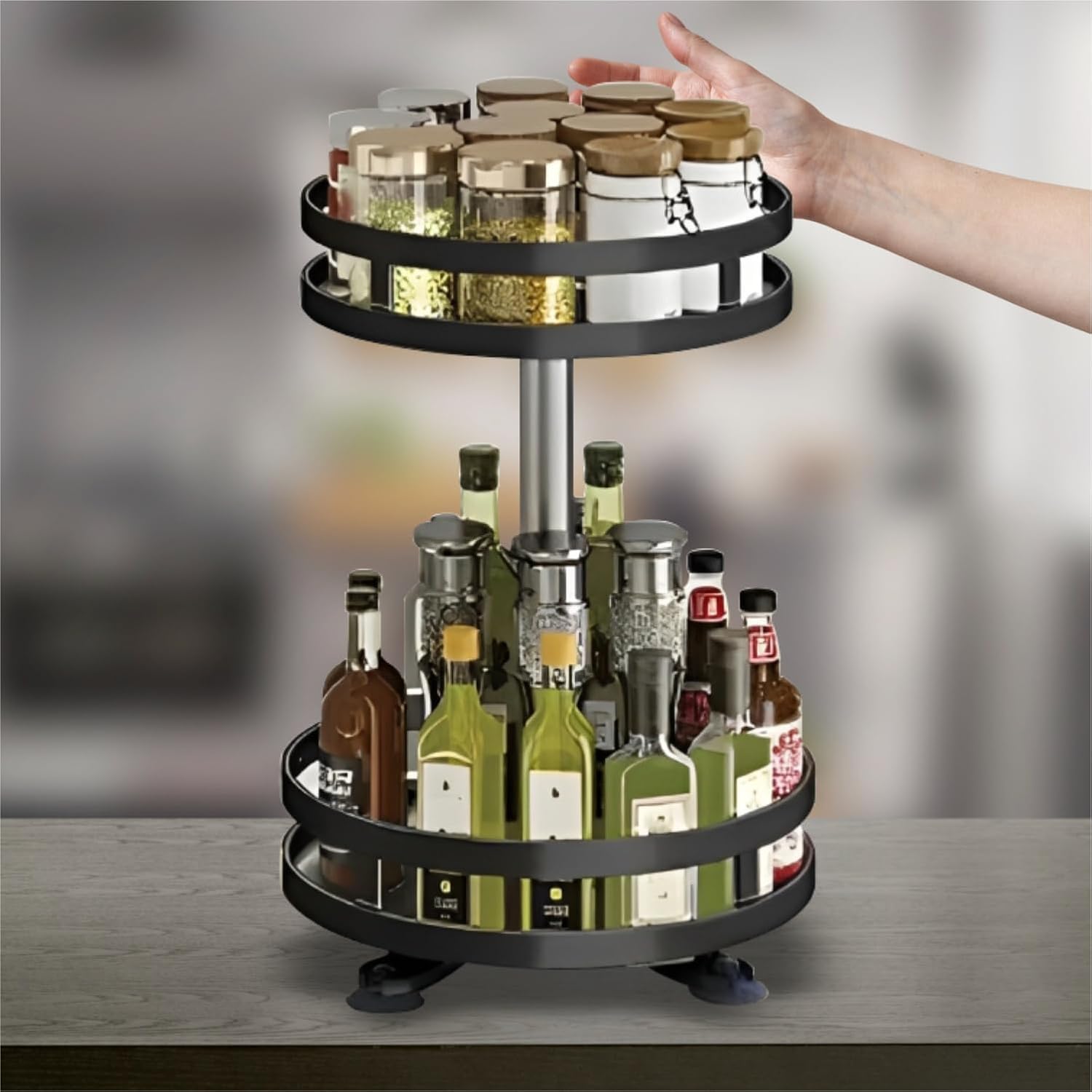 JD FRESH 2-Tier 360° Rotating Spice Rack Organiser/Multifunctional Spice Rack/Table Top Storage Rack/Non-Slip Spice Holder Organizer for Kitchen/Living Room- (Black, Round)