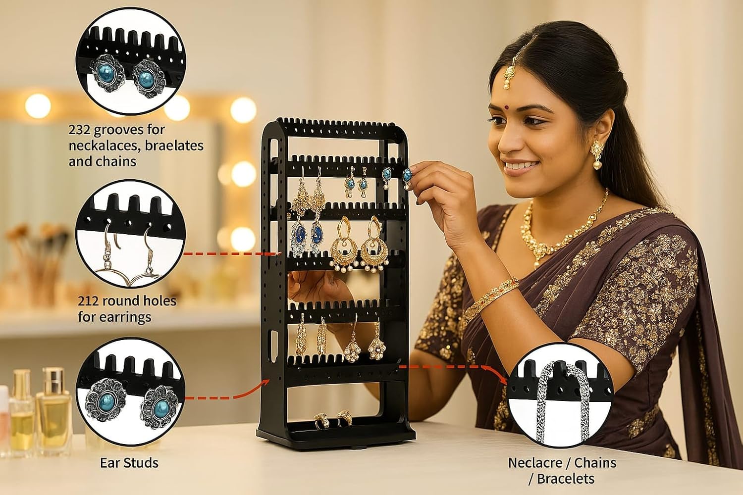 mechdel Plastic Rotating Earrings Stand Jewelry Display Organiser/Earrings Organiser/Jewellery Towers/Jewellery Stands/Earring Organizer Box/Chain Organiser (Rotating Earrings Organizer-Black, 1-SET)