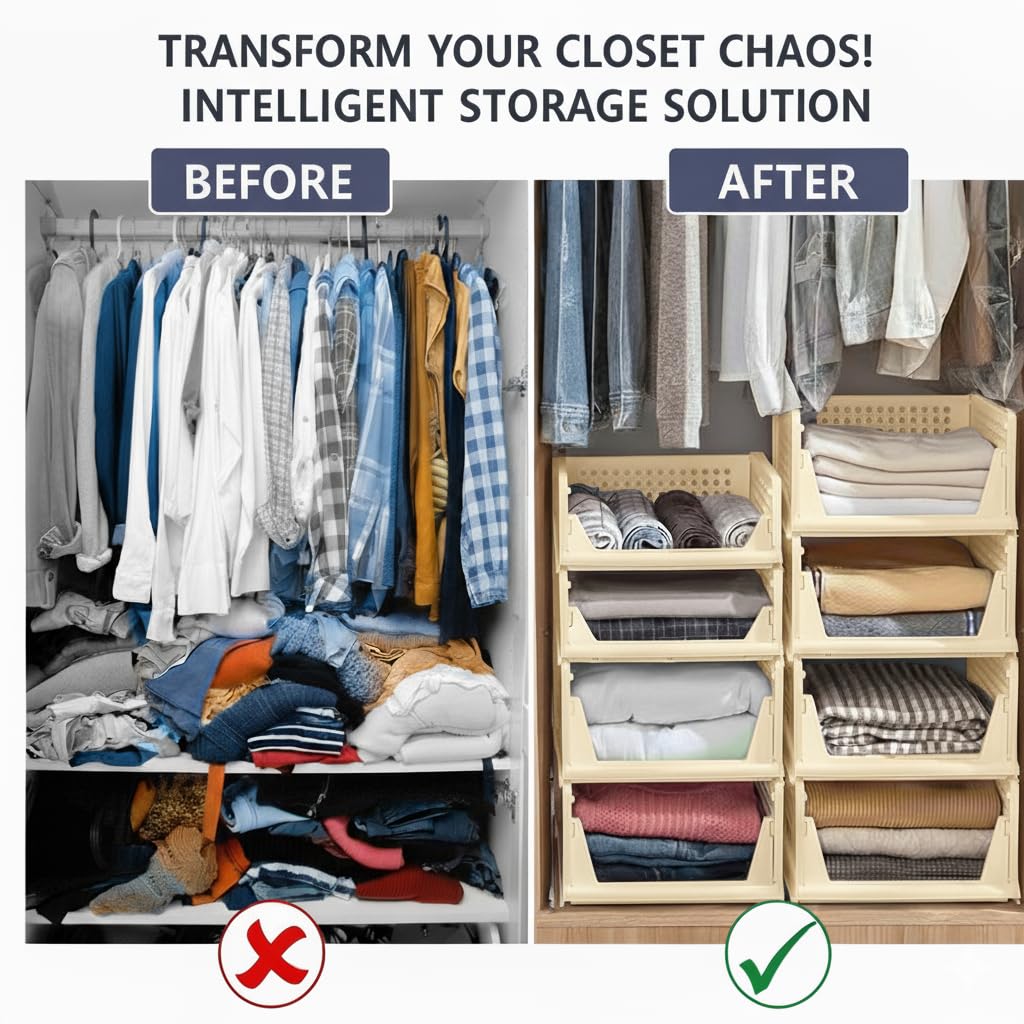 MECHDEL | Wardrobe Organizer For Clothes | Cupboard Organizer | Foldable Shirt Stacker Box | Cloth Box for Almirah | Closet Storage Basket |Plastic Stackable Closet Organizer (Ivory Yellow, 4PCS)