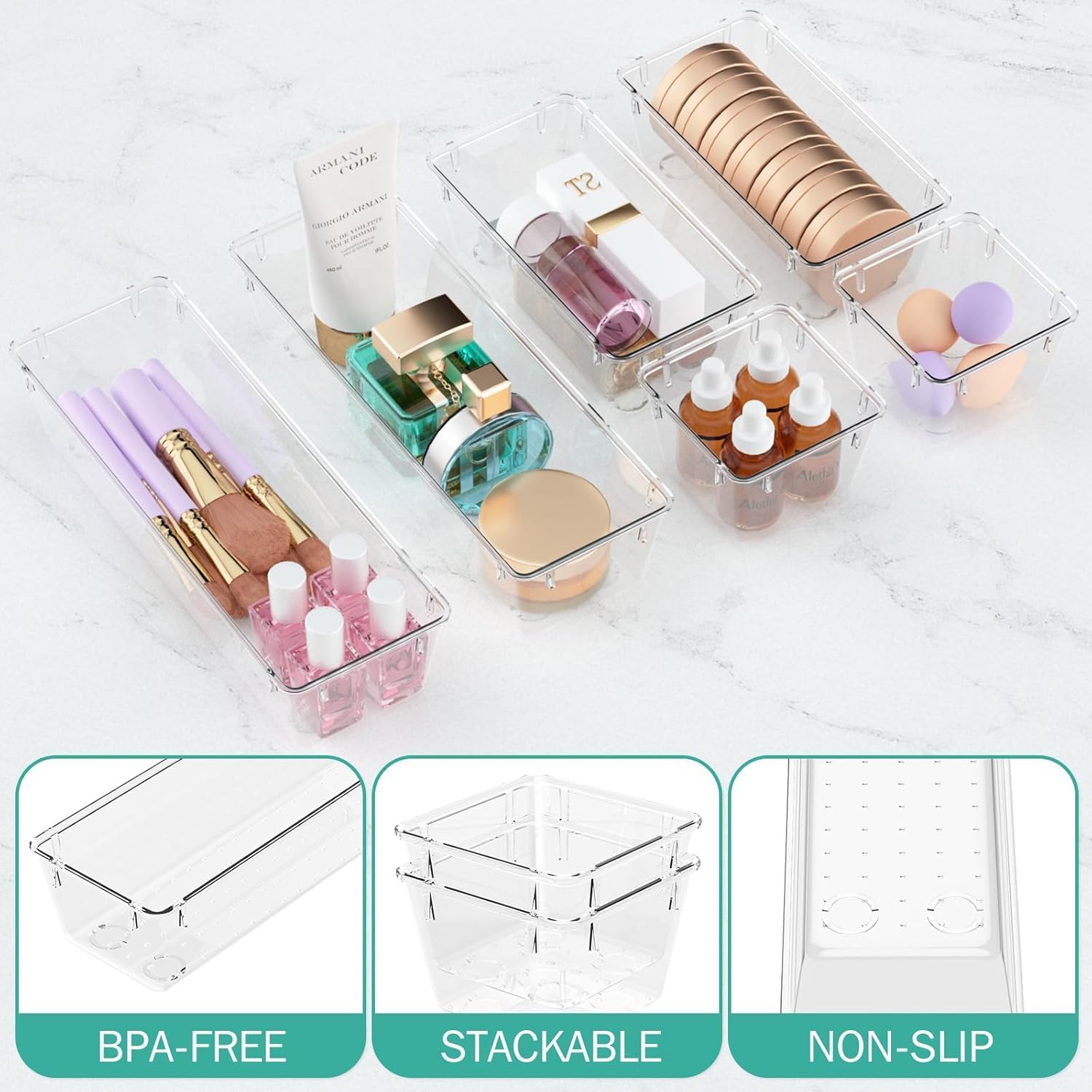 MECHDEL Drawer Organizer Set/Bathroom and Dressing Table Trays/Cosmetic Display/Bathroom Cosmetic Organizers/Unbreakable Drawer Organizer/Drawer Divider Tray (Transparent, 21PCS Set)