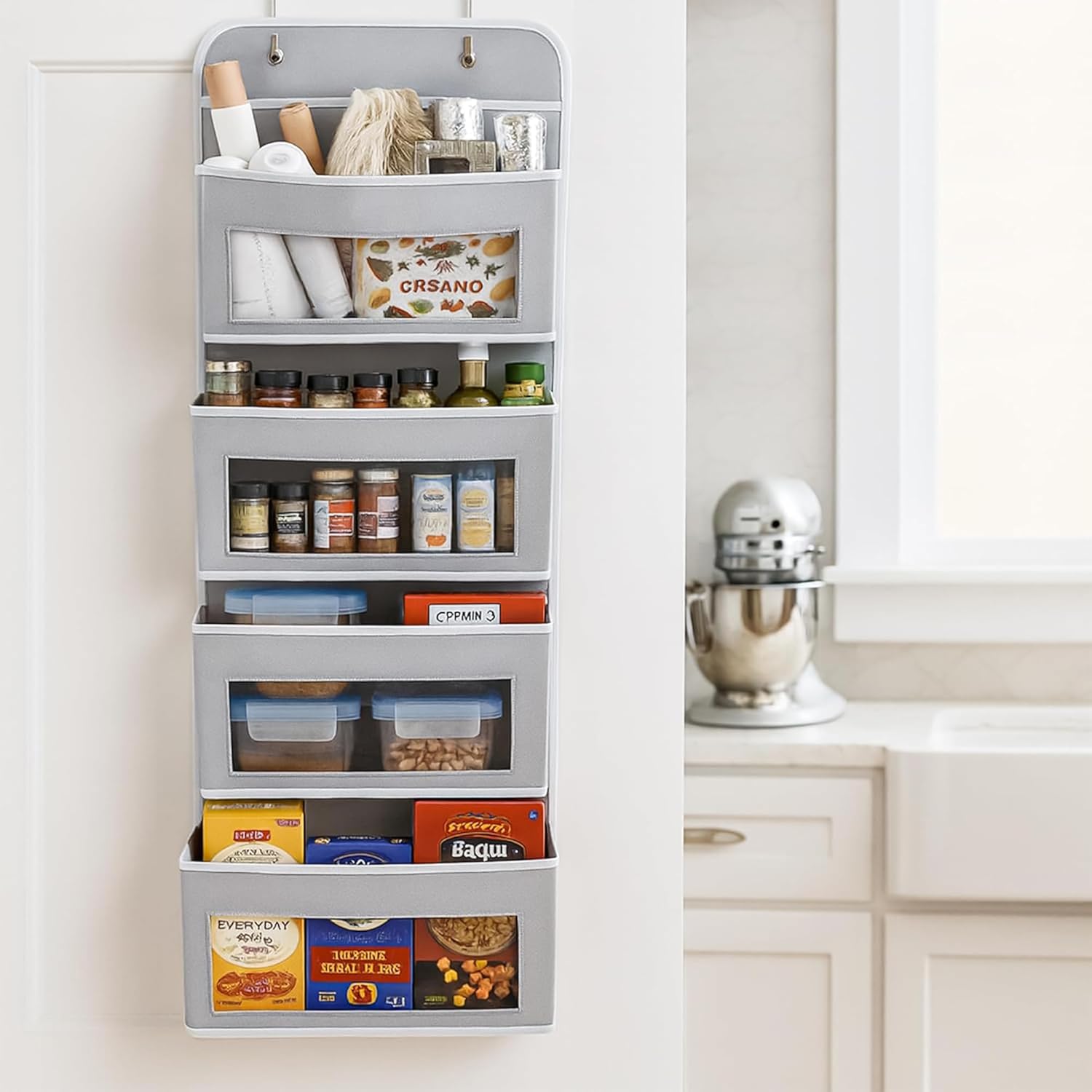 mechdel Over the Door Organizer with Large Pockets, Anti-Tilt Hanging Storage for Bedroom, Closet, Bathroom, Pantry, Nursery (WHITE, 4LAYER-DOOR HANGER)