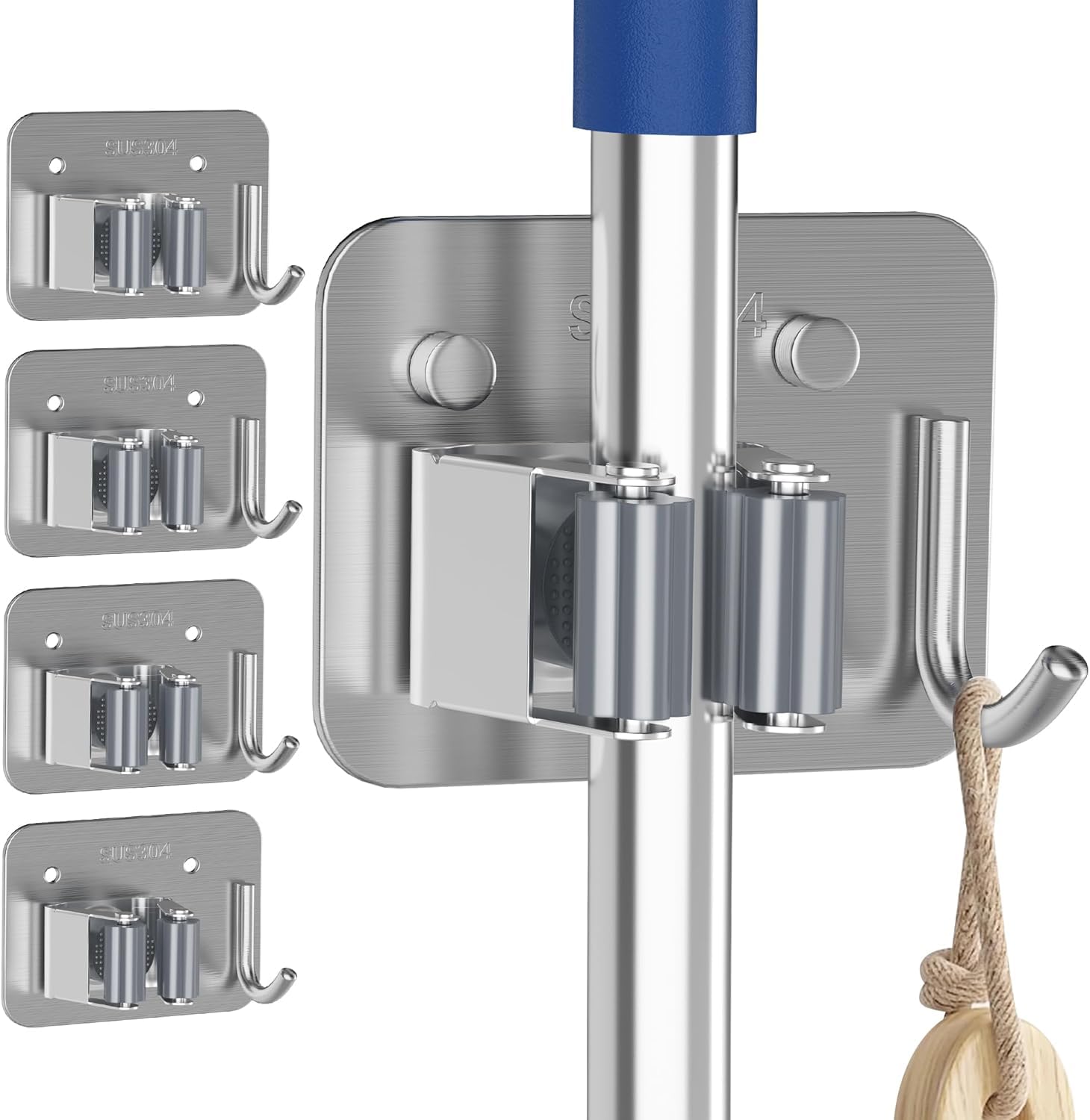 mechdel Mop Holder/Wall Mounted Wiper Holder/Storage Organizers/Drill-Free Broom Stick Stand for Home/Indoor-Outdoor (6 Hooks Mop/Broom Holder-Black, 1SET)