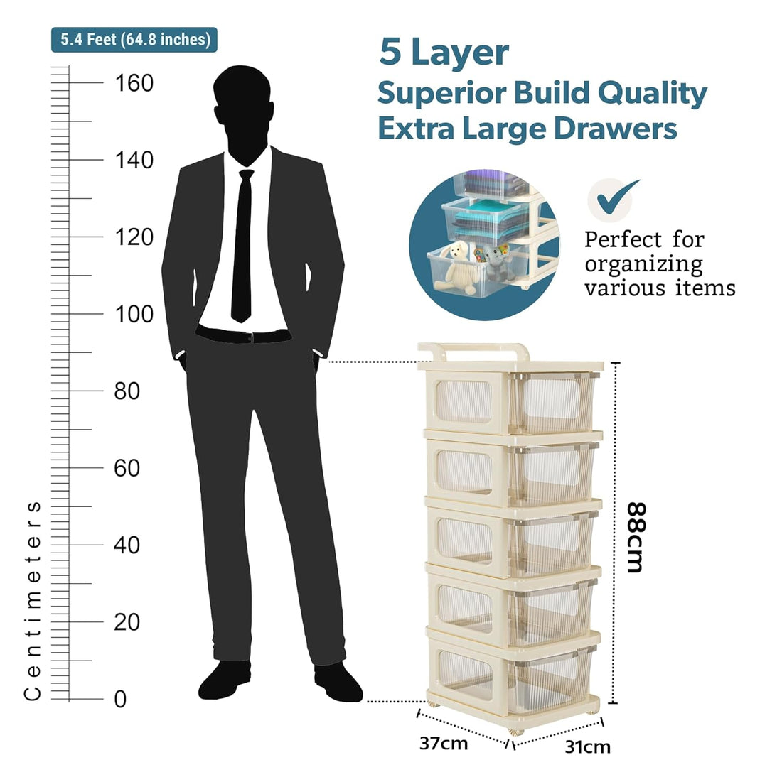 Kuber Industries 5 Layer Plastic Modular Storage Drawer Organizer with Wheels | Chest of Drawer Storage Box for Living Room, Office, School and Home | Toys Organiser for Kids Room | Transparent Ivory