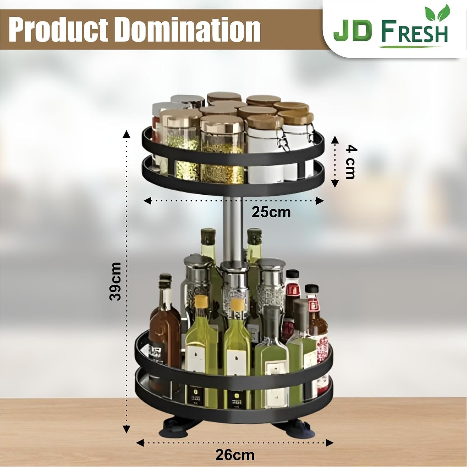 JD FRESH 2-Tier 360° Rotating Spice Rack Organiser/Multifunctional Spice Rack/Table Top Storage Rack/Non-Slip Spice Holder Organizer for Kitchen/Living Room- (Black, Round)