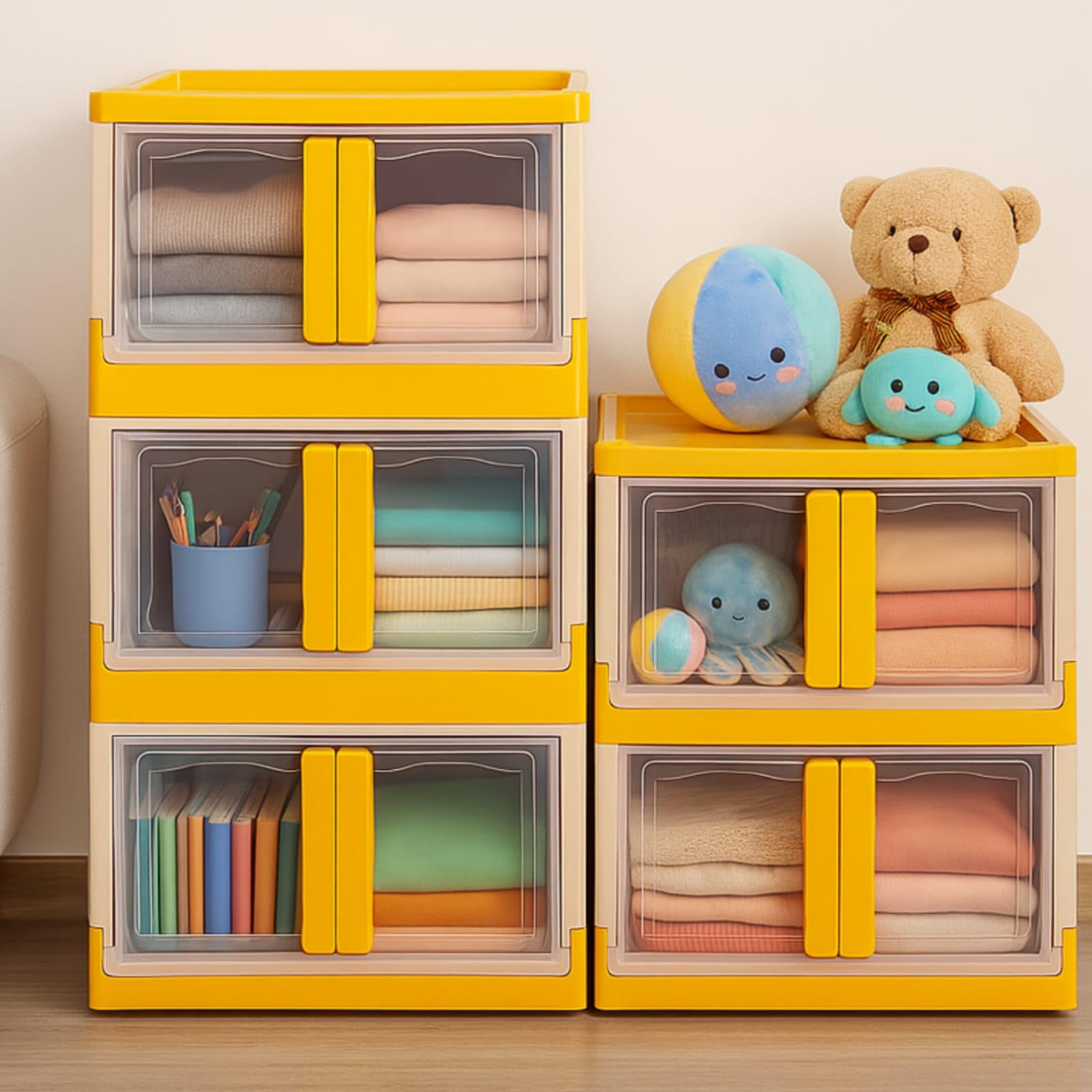 mechdel Collapsible Storage,Cabinet for Storage,Almari, Wardrobe, Cupboard Rack Living Room,Storage Cupboard | Clothes Organizer Rack, 2 Door Cabinet (STORAGE BIN/WHEEL-White, 4PCS)