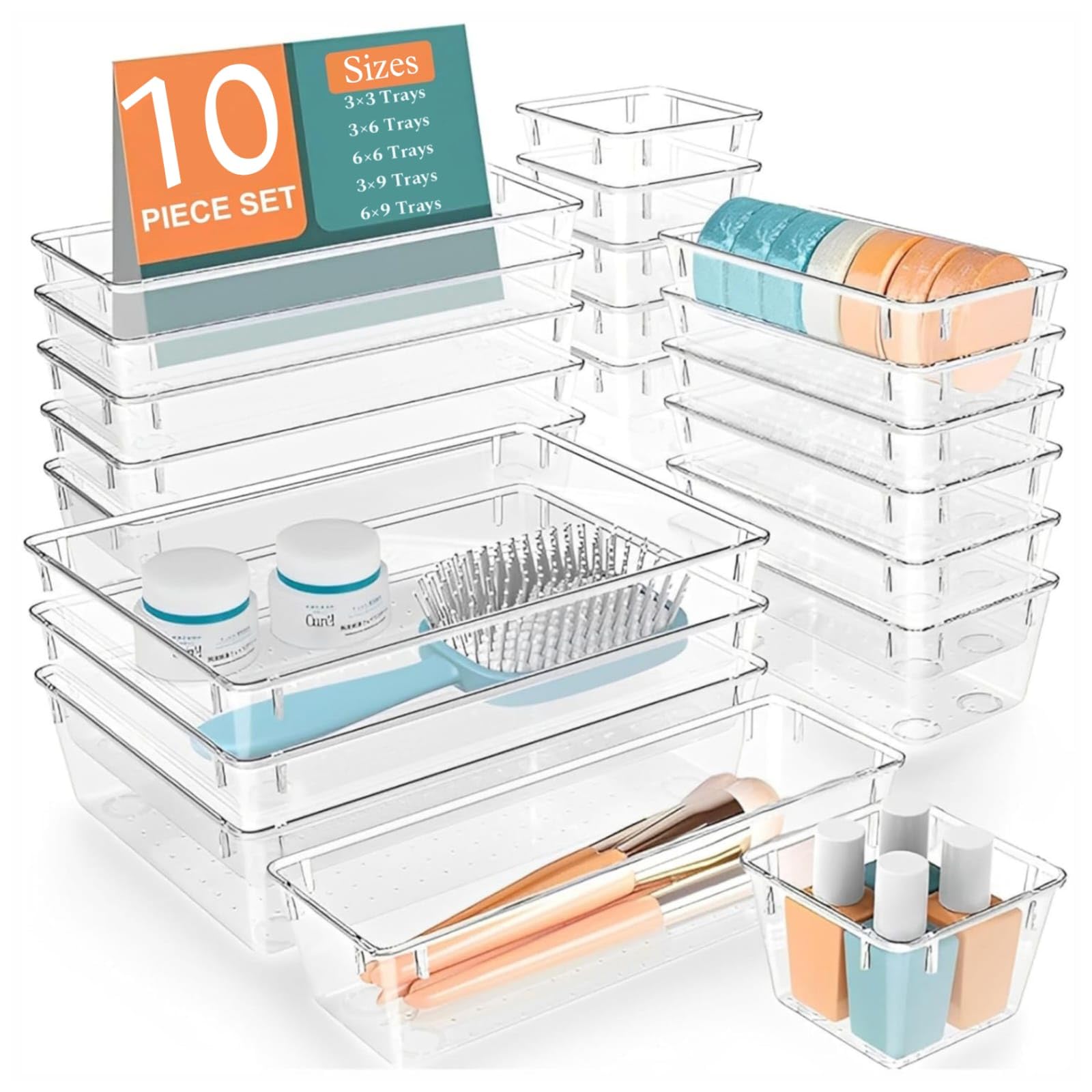 MECHDEL Drawer Organizer Set/Bathroom and Dressing Table Trays/Cosmetic Display/Bathroom Cosmetic Organizers/Unbreakable Drawer Organizer/Drawer Divider Tray (Transparent, 21PCS Set)