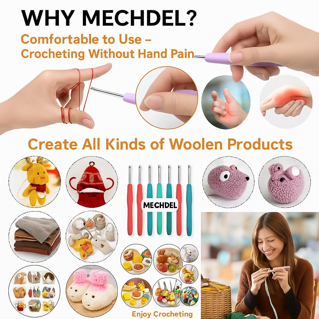 MECHDEL 8 Pcs Hooks Set,Small Hooks,Lace Crochet Hooks Set,Ergonomic Handle Lace Hooks Set for Arthritic Hands, Hook, Knitting Kit, Needle Set
