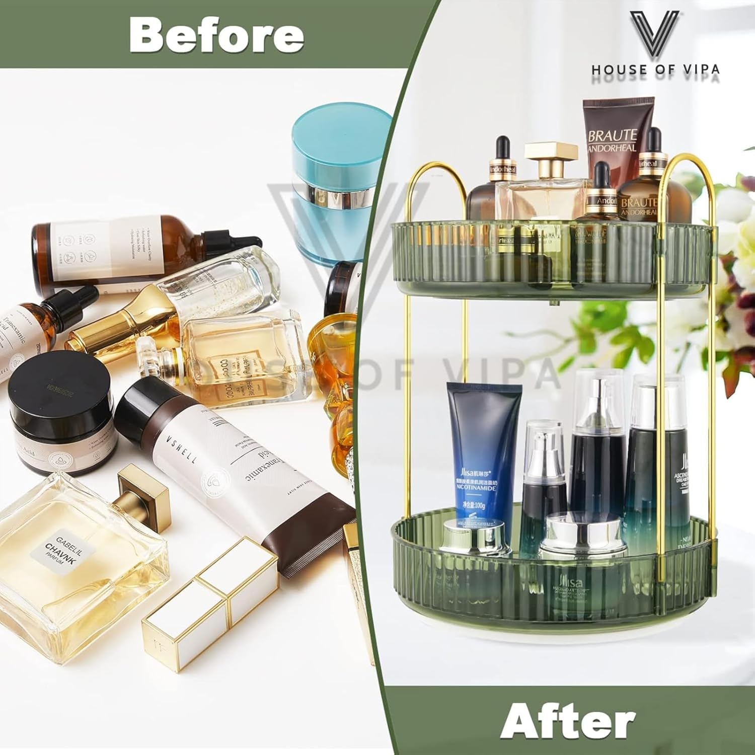 360° Rotating Makeup Organizer Box - Cosmetic Storage with Drawers, Plastic Makeup Holder Stand for Dressing Table, Lipsticks, Nail Polishes & Accessories (Gem Green, 2 Layer)