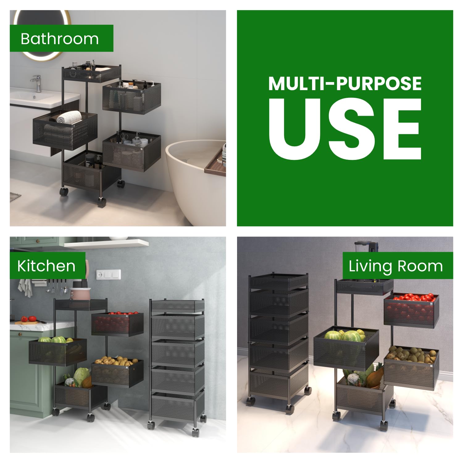 JD FRESH 5-Tier Metal Rotating Kitchen Trolley/Spice Rack/Vegetable & Fruit Storage/Organizer Holder and Onion-Potato Storage Basket for Kitchen