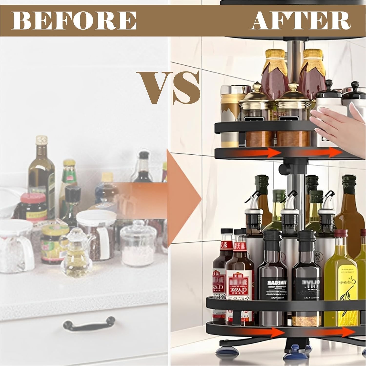 JD FRESH 2-Tier 360° Rotating Spice Rack Organiser/Multifunctional Spice Rack/Table Top Storage Rack/Non-Slip Spice Holder Organizer for Kitchen/Living Room- (Black, Round)