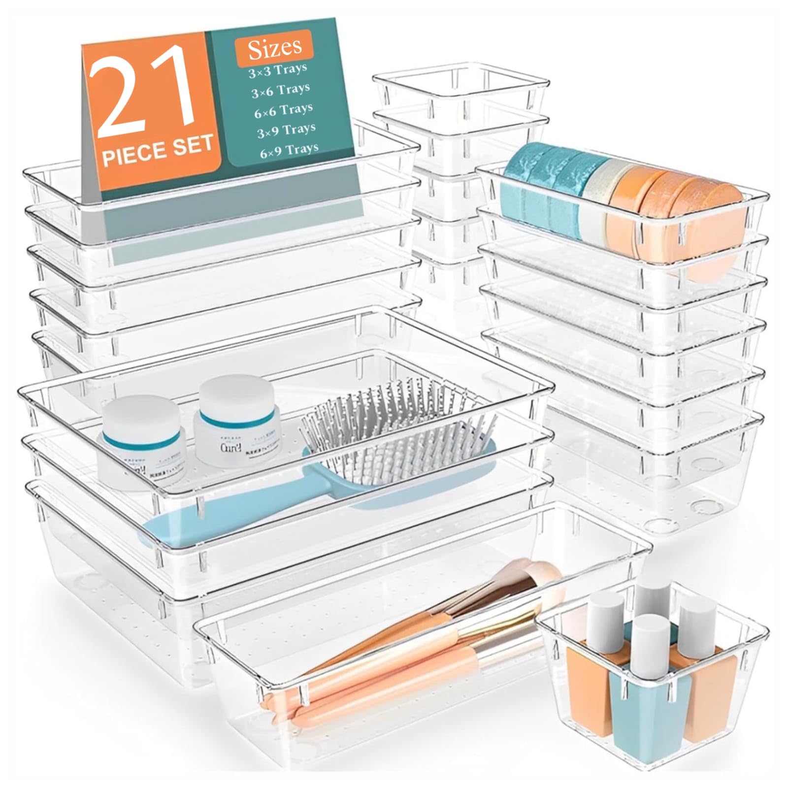 MECHDEL Drawer Organizer Set/Bathroom and Dressing Table Trays/Cosmetic Display/Bathroom Cosmetic Organizers/Unbreakable Drawer Organizer/Drawer Divider Tray (Transparent, 21PCS Set)