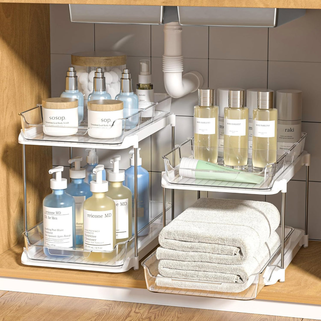 MECHDEL Tier Under Sink Organiser/Clear Bathroom Cabinets/Vanity Countertop Storage Container/Medicine Cabinet/Pull-Out Organization with Track for Pantry/Kitchen (2 Tier Under Sink Organiser)