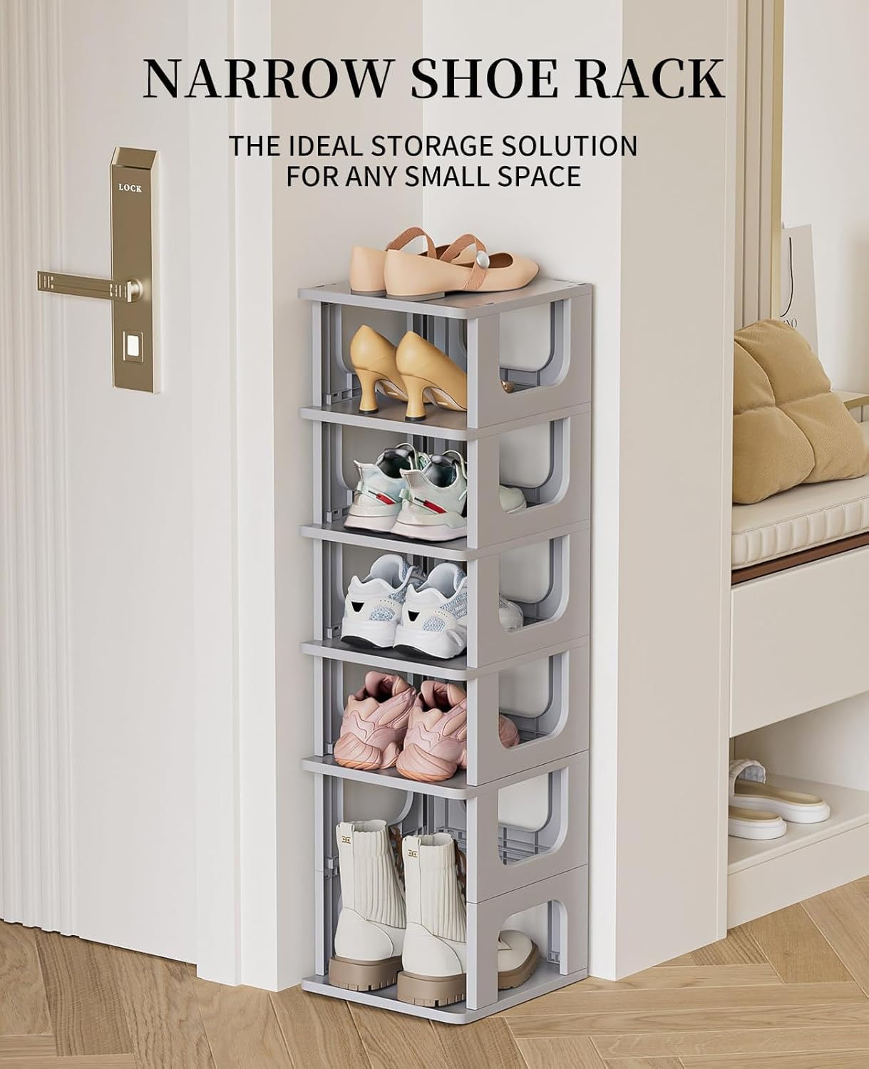 Mechdel Plastic Shoe Organizer Rack, 5 Tier Vertical Narrow Shelves, for Small Spaces, Closet, Black, Stackable Cabinet, Entryway Storage, Boots Organizer Stand (Grey, 5 Tier)