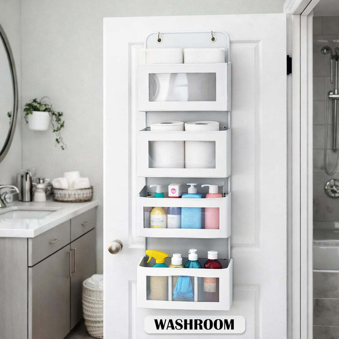 mechdel Over the Door Organizer with Large Pockets, Anti-Tilt Hanging Storage for Bedroom, Closet, Bathroom, Pantry, Nursery (WHITE, 4LAYER-DOOR HANGER)