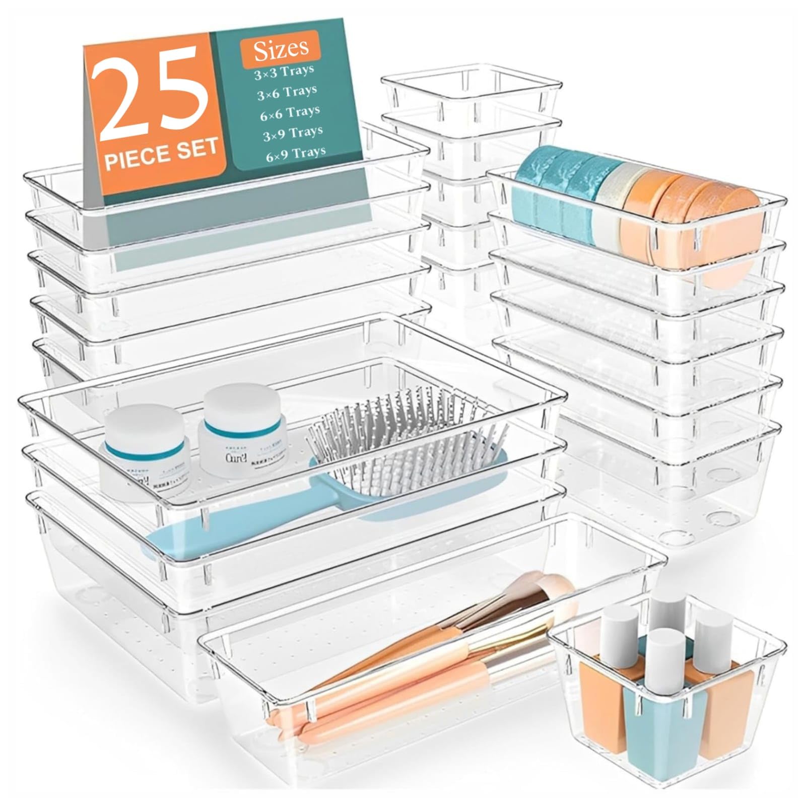 MECHDEL Drawer Organizer Set/Bathroom and Dressing Table Trays/Cosmetic Display/Bathroom Cosmetic Organizers/Unbreakable Drawer Organizer/Drawer Divider Tray (Transparent, 21PCS Set)