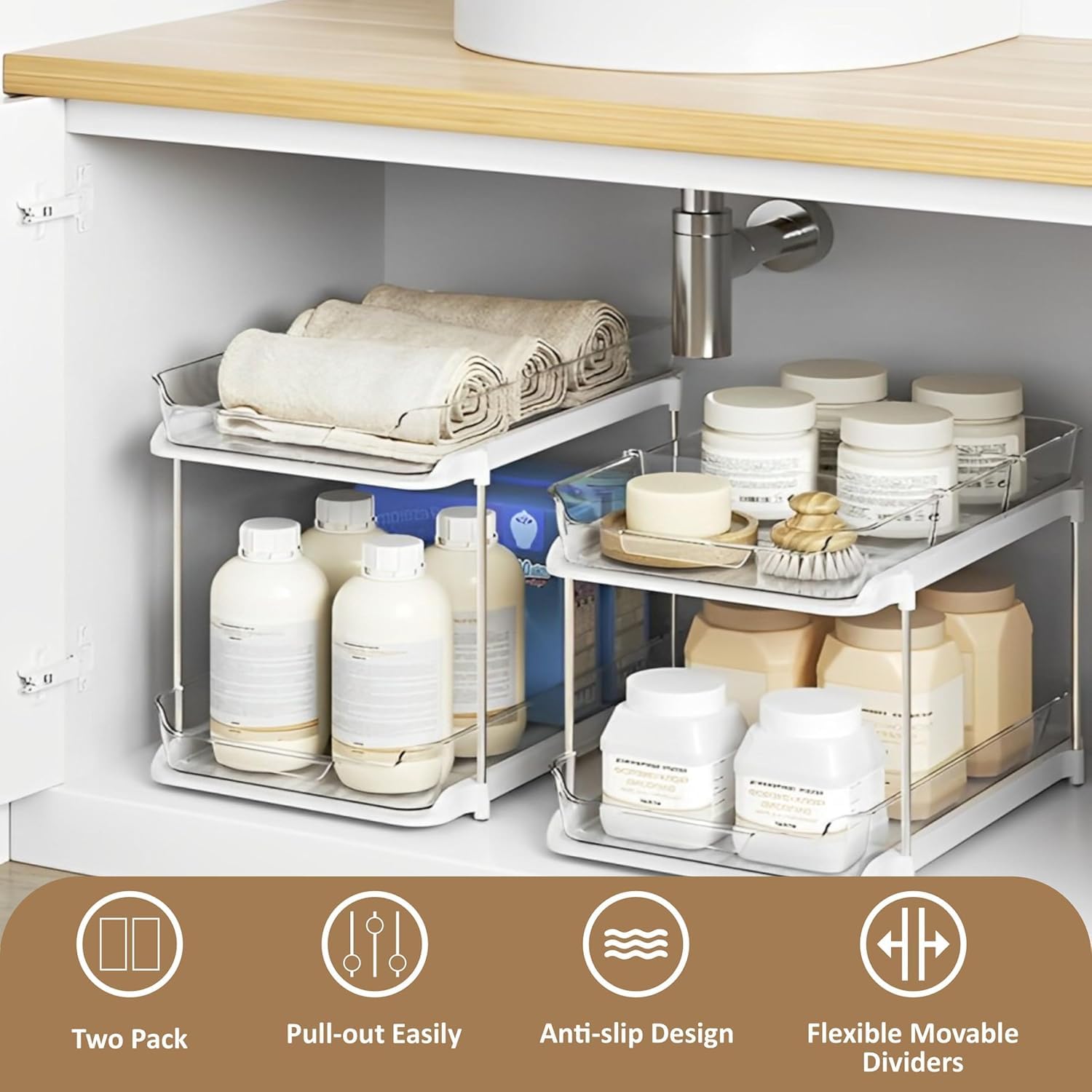 MECHDEL Tier Under Sink Organiser/Clear Bathroom Cabinets/Vanity Countertop Storage Container/Medicine Cabinet/Pull-Out Organization with Track for Pantry/Kitchen (2 Tier Under Sink Organiser)
