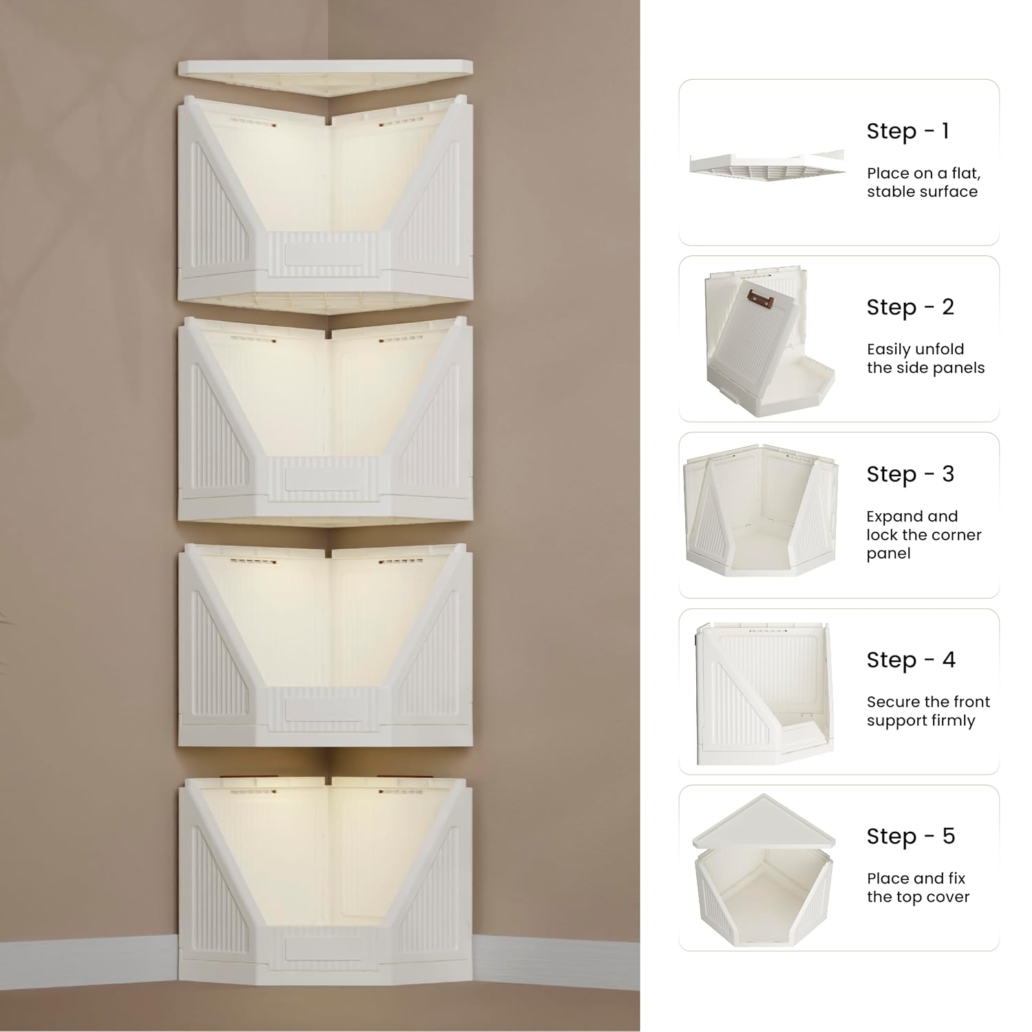 JD Fresh 4 Tier Plastic Corner Storage Cabinet/Foldable Cupboard for Storage/Stackable Cupboard for Cloth with Layer Locking System/Toy Organizer/Spacious Storage Rack for Books,Toys and Décor (Ivory)