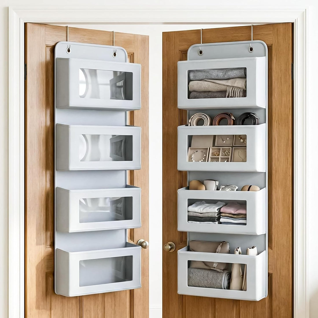 mechdel Over the Door Organizer with Large Pockets, Anti-Tilt Hanging Storage for Bedroom, Closet, Bathroom, Pantry, Nursery (WHITE, 4LAYER-DOOR HANGER)